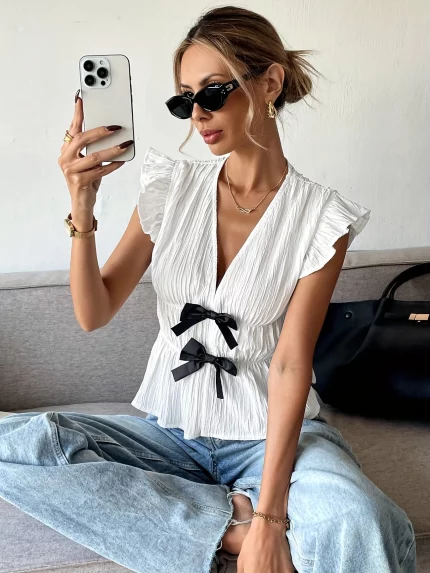 Women'S Elegant White V-Neck Blouse with Ruffle Sleeves - Casual Yet Chic