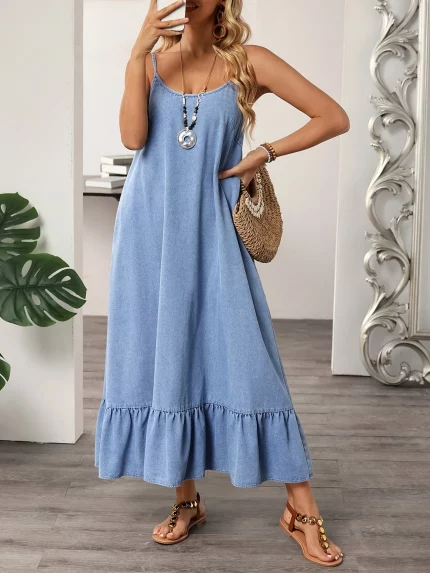 Women's Light Blue -Look Sleeveless Maxi Dress - Casual A-Line Cut with Ruffled Hem