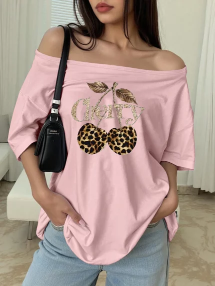 Y2K Women's Off-Shoulder T-Shirt - Leopard Cherry Print & Glazy