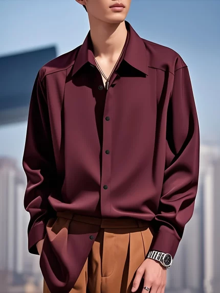 Men's Navy Blue Long Sleeve Button-Up Shirt - Casual Polyester
