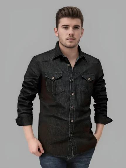 Men'S Button Imitation Denim Long Sleeved Shirt