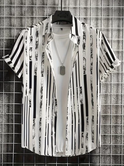 Men'S Casual Striped Print Button-Up Shirt - Non-Stretch Fabric, Regular Fit, Short Sleeve