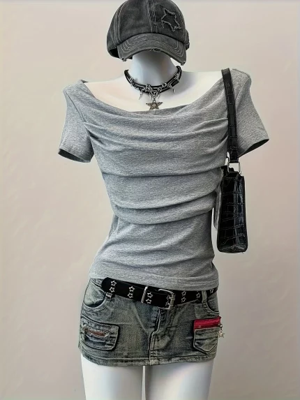 Y2K Western Style Women's Short Sleeve Top - Single Shoulder Design