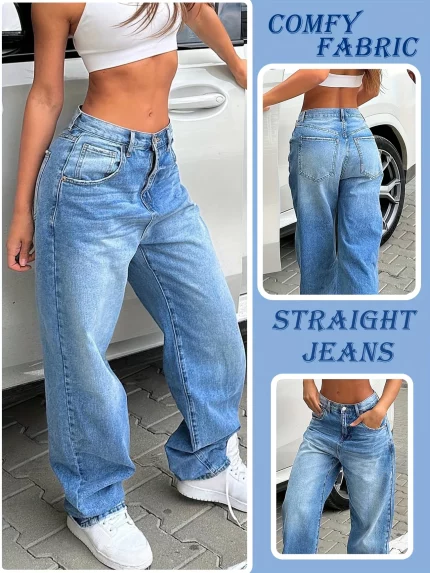 Women's Vintage Blue Street-Style Washed Bleached Loose Straight-Leg Leg-Lengthening Denim