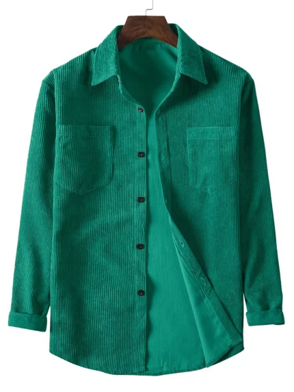 Men's Casual Loose Fit Corduroy Long Sleeve Shirt - Solid Color Button-Up with Chest Pockets, Spring/Fall Versatile Top for Casual Attire