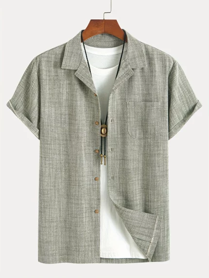 Men'S Linen Fabric Casual Button Cuban Collar Beach Shirt