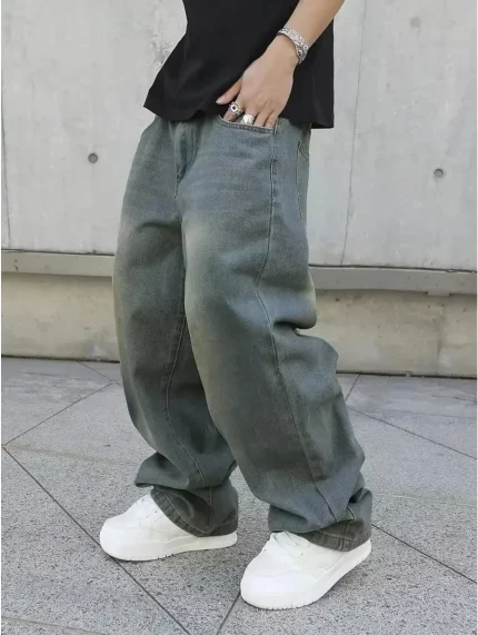 Men'S Retro Washed Jeans with Loose High Waist