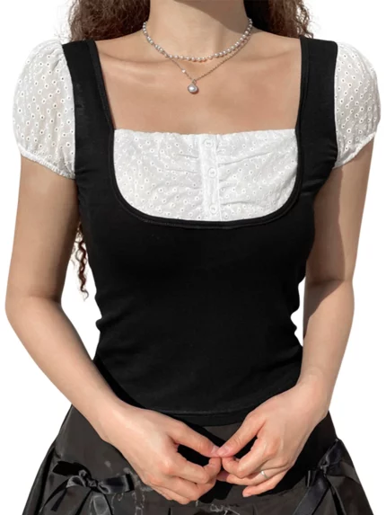 Women's black T-shirt top, short sleeve square collar design