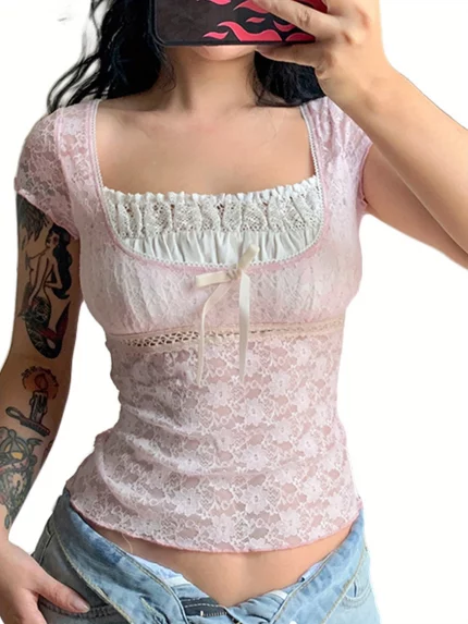 Women Summer T-Shirt, Lace Splicing Square-Neck Short Sleeve Crop Tops Camisole for Girls