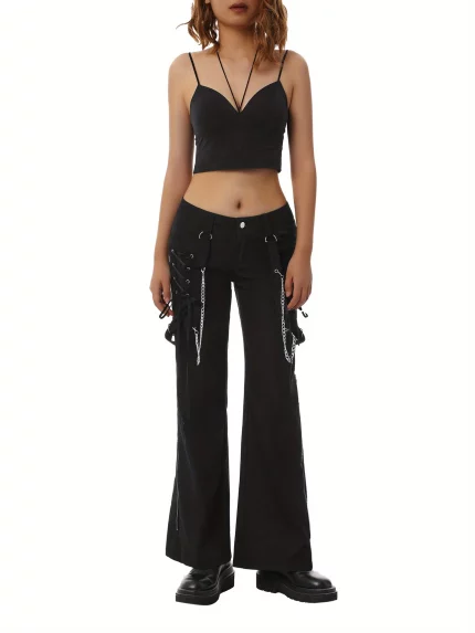 Women'S Y2K Punk Tie-Up Wide Leg Pants - Low Waist Solid