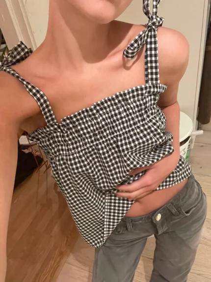 Women's Casual Summer Crop Camisole - Black & White Plaid Square
