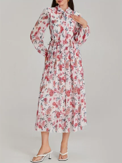 Women Trendy Shirt Dress Elegant Floral Print Tie Bow Long Sleeve A-Line