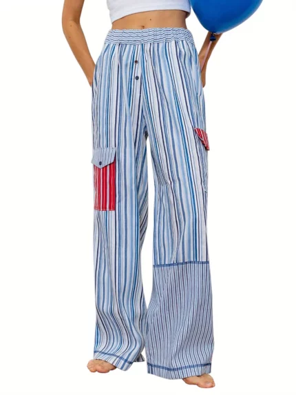 1pc Women'S Casual Striped Wide Leg Pants, Elastic Waist Loose Trousers with Pockets