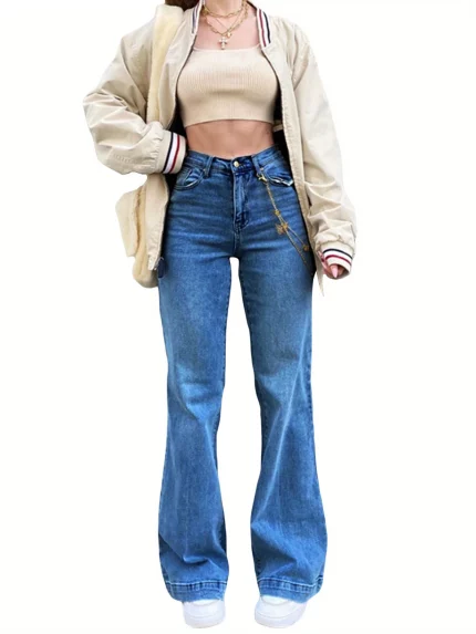 Women's High Waist Flare Leg Jeans, Casual Straight Cut Denim Pants, Solid Color