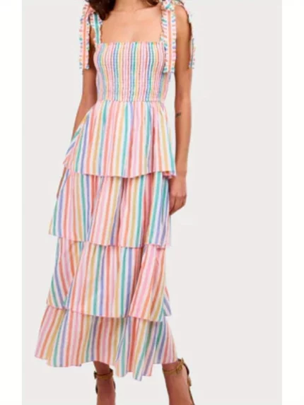 1pc Women'S Summer Casual Tiered Ruffle Dress, Rainbow Stripe