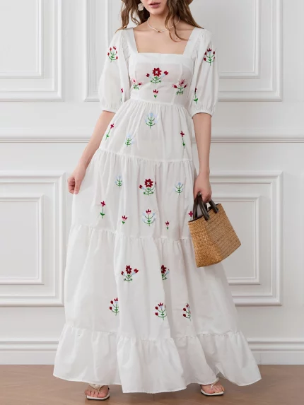 1pc Vintage Floral Applique Embroidered Dress for Women - Off the Shoulder Square Neck Pencil Dress with Elbow-Length Sleeves