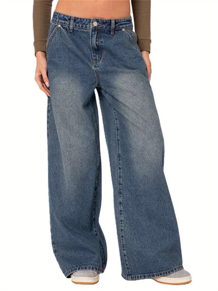 Women'S Spring Summer Denim Pants Retro Casual Wide Leg Trousers