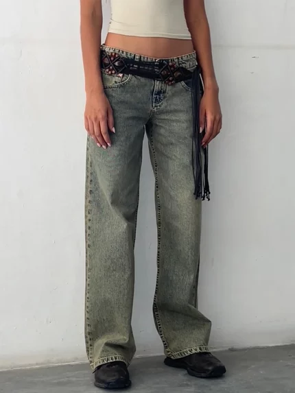 Women'S Cotton Blend Faux Denim - Low Rise Straight Leg Faux