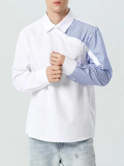 Men'S Casual Striped Patchwork Long Sleeve Shirt