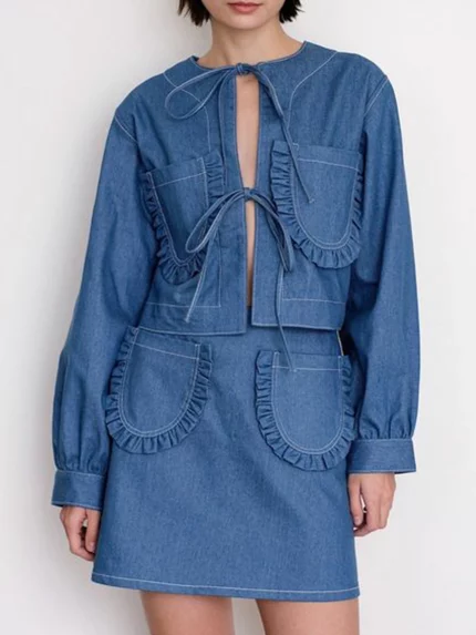 Women'S Casual Faux Denim Jacket, Cotton Blend, Solid Color
