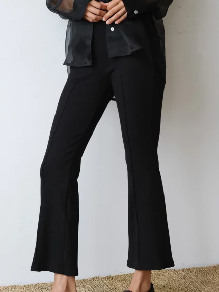 Women'S Solid Ribbed Flare Pants Elastic High Waist