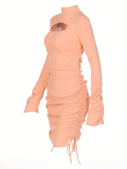 Women'S High Neck Long Sleeve Bodycon Mini Dress with Front Cutout and Side Ruching Drawstrings