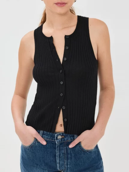 Women Button Knitted Vest Ribbed Tank Tops Button Up Open