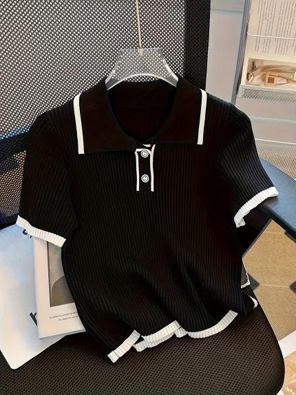 Women's Short Sleeve Collar Shirt - Contrast Trim Color-Block Design