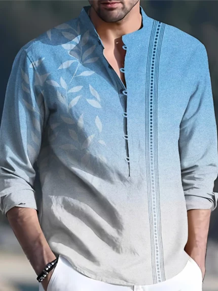 Men's Bamboo Knot Hemp 7-Button Stand-Up Collar Long Sleeve