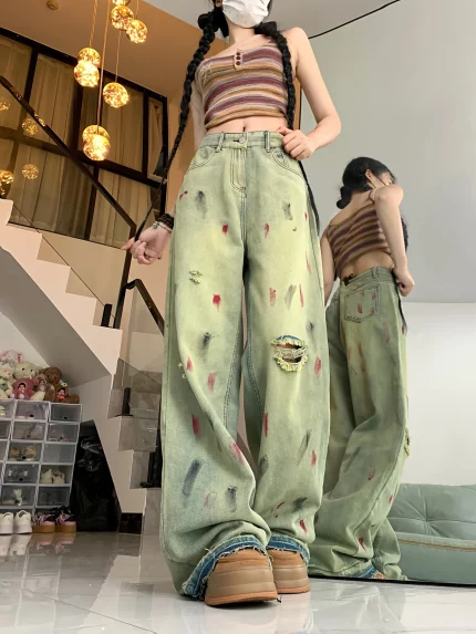 European And American Style Retro Ink Splash Hole Jeans