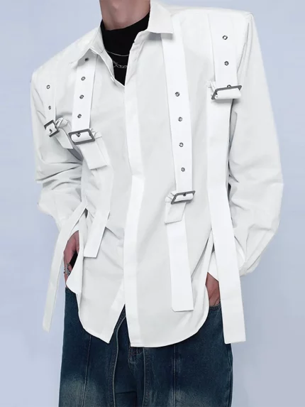 Men'S Stylish Adjustable Buckle Patchwork Long Sleeve Turndown Collar Baggy Hippie Shirt
