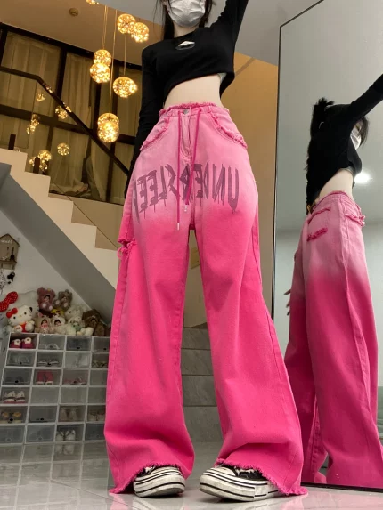Women's Trendy Pink Straight Leg Jeans with "Dear Person