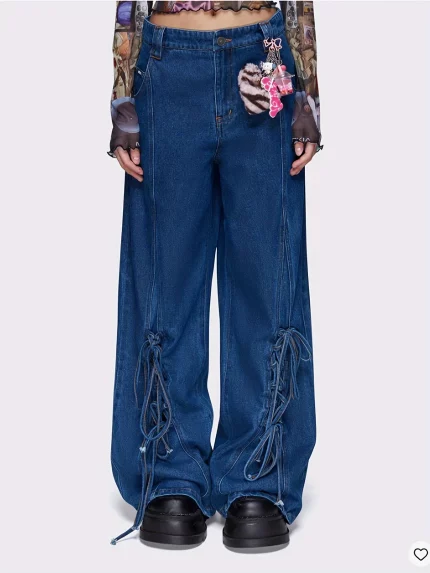 Women'S Denim Trousers Baggy Jeans Fashion Casual 3D Bow Straight Leg