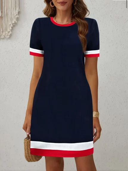 Women's Navy Blue & Red Trim Contrast Short Sleeve Dress - Elegant A-Line Loose Fit Round Neck Summer Casual Dress
