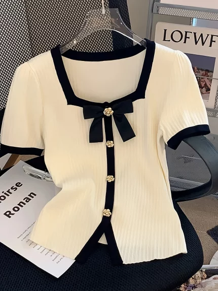 Women's Elegant Square Neck Shirt - Short Sleeve Summer Top with Contrast Trim & Bow Detail, & Navy Blue