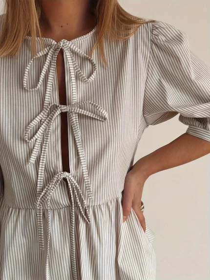 Women'S Spring Summer Casual Tops Half Sleeve Open Front Tie Up Solid Color Plaid Blouse