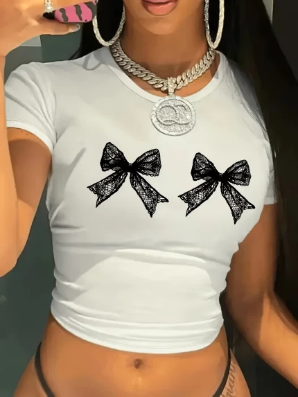 Women'S Polyester Crop Top, with Bowknot Design, Casual Round Neck