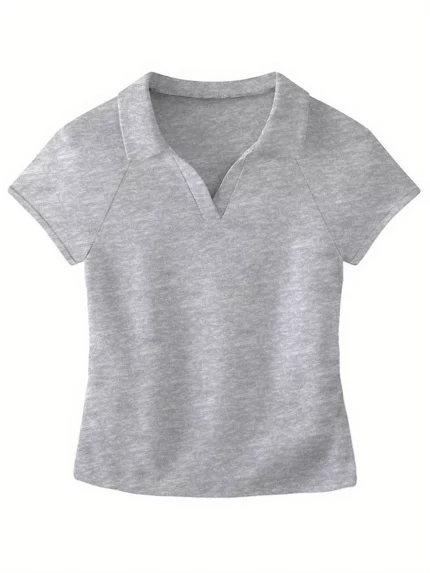 Women'S Slim-Fit V-Neck Short Sleeve Blouse - Elegant Solid Color