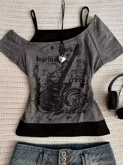 Women'S Elegant Faux Two-Piece Print T-Shirt