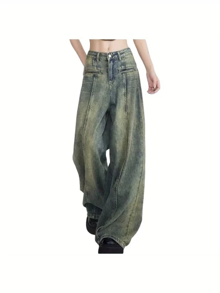 Women's Retro Yellow Mud Denim Jeans - High Waist Straight Leg Wide Leg Floor-Length