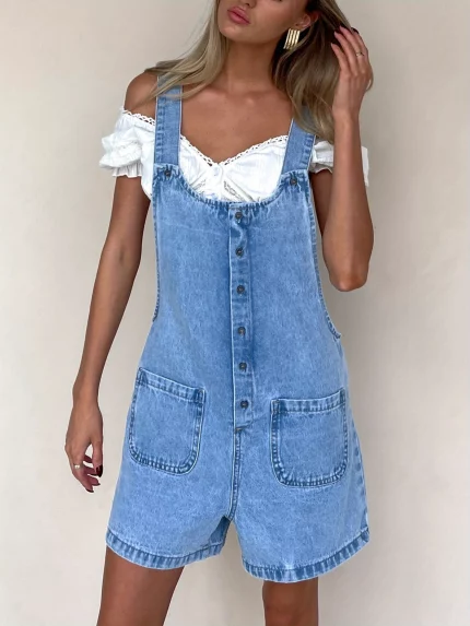 Women Denim Bib Overalls Shorts Solid Color Baggy Jean Jumpsuit