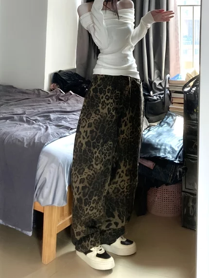 American High Street Leopard Print Overalls Women Loose Wide