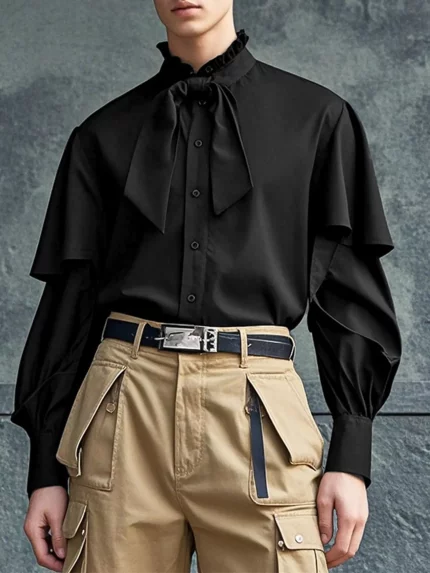 Men'S Casual Long Sleeve Ruffle Shirt - Solid Color, Stand Collar, Non-Stretch Fabric, Street Style Hippy Design