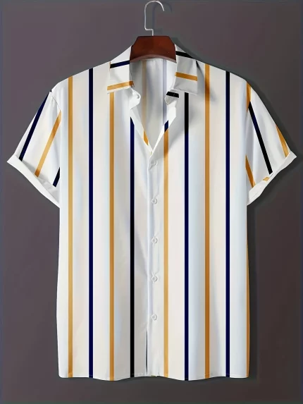 Men'S Casual Button Up Lapel Collar Striped Shirt, Men'S Classic Short Sleeve Shirt