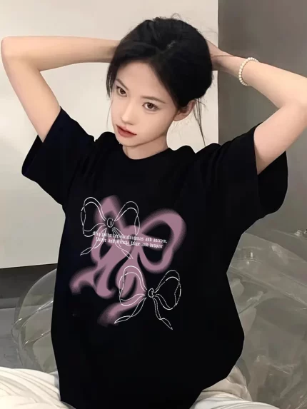Women's Black T-Shirt - Soft Breathable Loose Fit Round Neck Tee for Everyday & Party Wear
