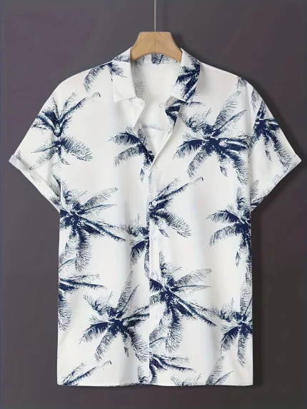 Men'S Tropical Leaf Print Casual Shirt - Short Sleeve, Regular Fit