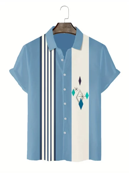 Men's Lightweight Casual Shirt - 3D Printed Geometric Pattern, Light Blue with White Stripes & Colorful Diamond Design, Regular Fit Lapel Collar