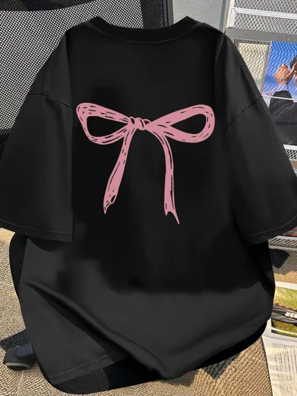 Women's Oversized Cotton T-Shirt - Black with Pink Bow