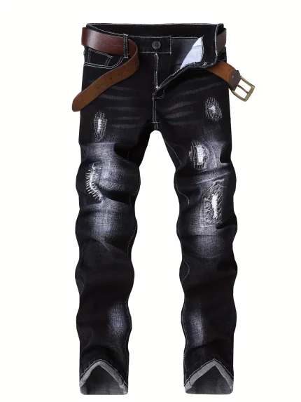 Mens Jeans with Elastic Distressed Embroidery