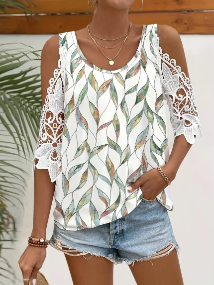 Women's Chic Off- Shoulder Top - Relaxed Fit Blouse with Lace Sleeves, Non-Transparent Fabric, Machine Washable Everyday & Formal Outfits